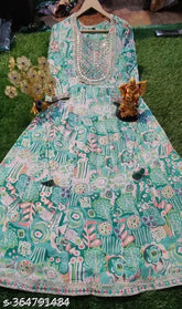 Rayon Anarkali kurti with foil print mirror embroidered bottom lace border, three-quarter sleeves for women in various sizes (XL to 6XL), Indian craftsmanship showcased