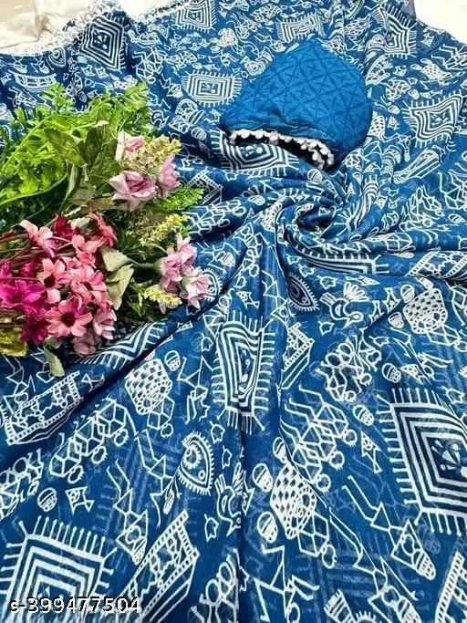 Georgette saree new collection, printed design with separate chiffon blouse, free size, India origin