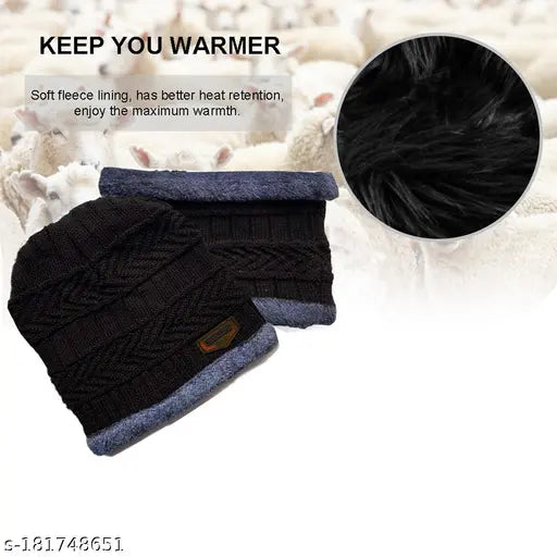 Woolen Indian winter cap set with neck muffler, warm and soft for snow. 2-piece knit beanie and scarf, perfect for women's outdoor activities. High-quality acrylic and cotton material, skin-friendly and comfortable. Modern style