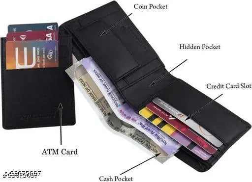 Black faux leather classic two-fold wallet for men and boys, ample space for cards, coins, and bills, perfect for daily use and suitable for denim, casual, or formal trousers. Made in India