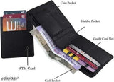 Black faux leather classic two-fold wallet for men and boys, ample space for cards, coins, and bills, perfect for daily use and suitable for denim, casual, or formal trousers. Made in India