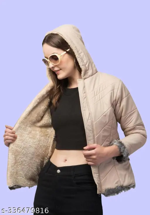 Quilted nylon bomber jacket with fur-lined hood, solid color, long sleeves for women's winter wear, made in India