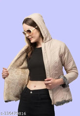 Quilted nylon bomber jacket with fur-lined hood, solid color, long sleeves for women's winter wear, made in India