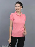 Cotton blend solid pink polo neck t-shirt for women, short sleeves, India origin
