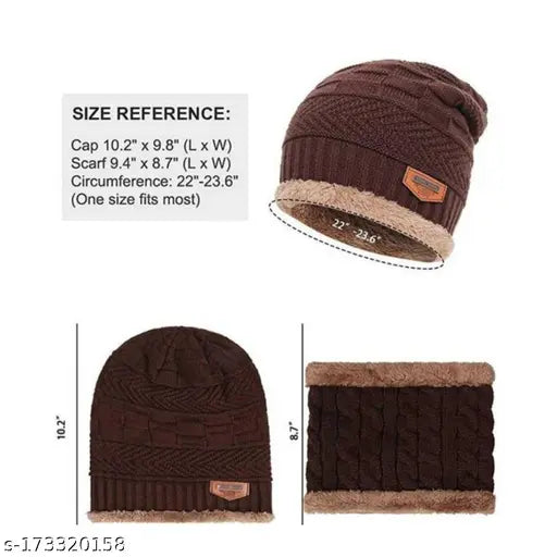 Brown woolen beanie/skull cap & neck warmer combo with faux fur inner side, air-proof, winter cap set - soft, thick, anti-allergic, stylish beanie for men and women
