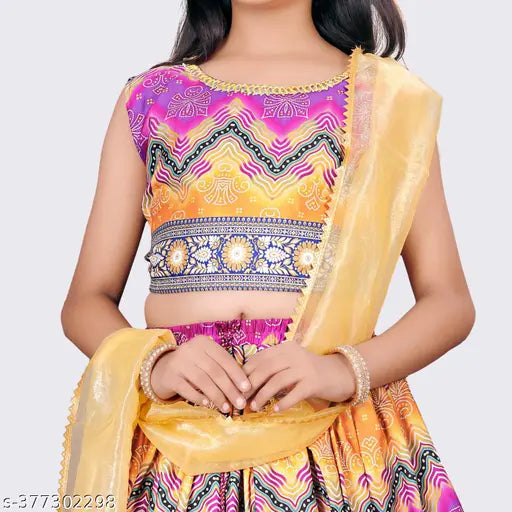 Cotton blend party lehenga-choli set (Pack 1), embellished Leheriya pattern, ideal for birthdays, weddings, Diwali, Eid, Christmas, Made in India