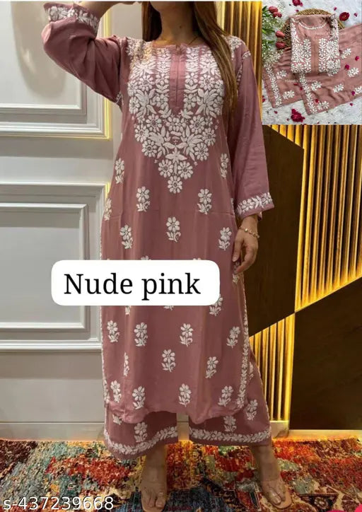 Rayon Chikankari embroidery kurta with plazzo set, printed net three-quarter sleeves Indian fashion on mannequin