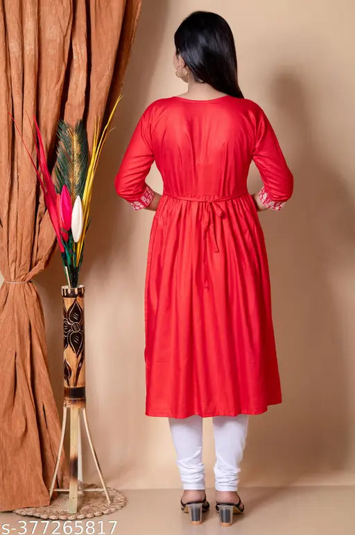Rayon embroidered ethnic kurta for women, three-quarter sleeves, India-origin fashionable clothing on hanger