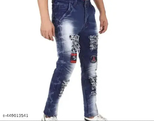 Trendy cotton blend men's jeans with placement print, distressed look and free delivery. Men jeans size 26, 28, 30, 32, 34 from India