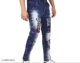 Trendy cotton blend men's jeans with placement print, distressed look and free delivery. Men jeans size 26, 28, 30, 32, 34 from India