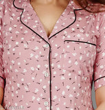 Printed pink rayon night suit set for women, short-sleeved pyjamas and shirt