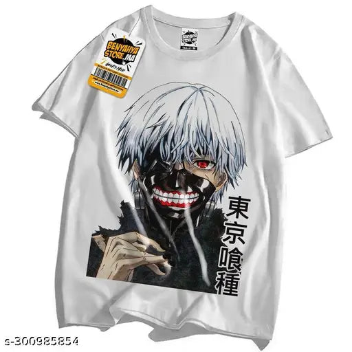 White polyester Tokyo Ghoul printed unisex casual wear round neck half-sleeve T-shirt, high-quality fabric and printing, wash-resistant up to 60 degrees, comfortable fit for kids and adults