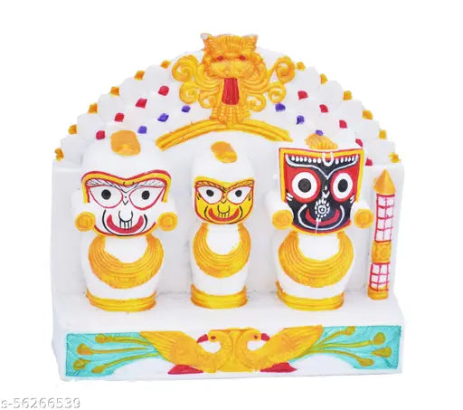 Handcrafted Indian ceramic Lord Jagannath, Balabhadra, Subhadra in Mayura Singhasana with Rahu on top - 5cm x 15cm x 15cm car dashboard home decor