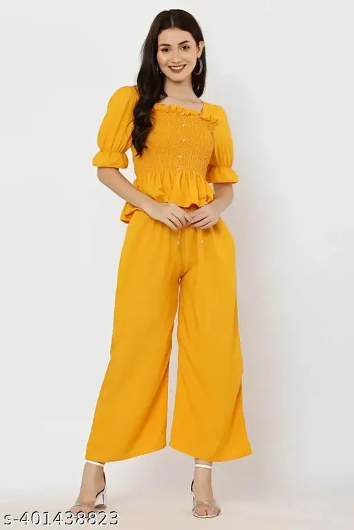 Trending women's crepe jumpsuit, solid-colored, short sleeves, size S (Bust 36in, Len 38in, Waist 36in), best quality fabric from India