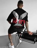 Black cotton blend round neck t-shirt for men, printed design on short sleeves