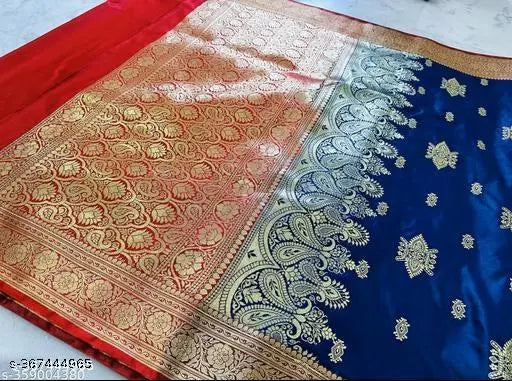 Golden Sambhalpuri saree, cotton silk with zari woven pattern, traditional Indian free size running blouse