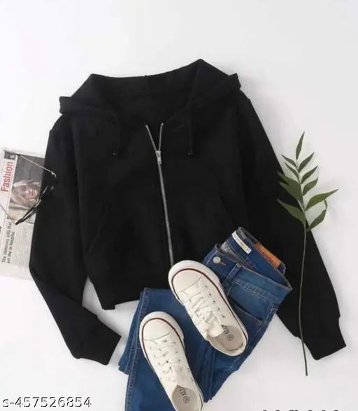 Woolen women's crop zipper hoodie in solid color, ideal for winter trend, available in various sizes (S-XXL)