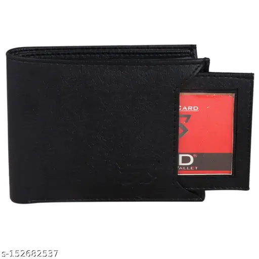 Black PU leather men's wallet, solid design with 7 card slots, 2 secret compartments, and free size (12cm x 9cm) - handcrafted in India
