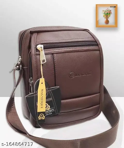 Brown PU Magnifique Trendy Side Bag for Men & Women - 4 compartments slingbag for everyday style and function