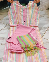 Multi-colored striped cotton kurti set with trousers and dupatta, featuring three-quarter sleeves and vibrant colors. Size range from XXS to XXXL. Quality Indian handloom fabric
