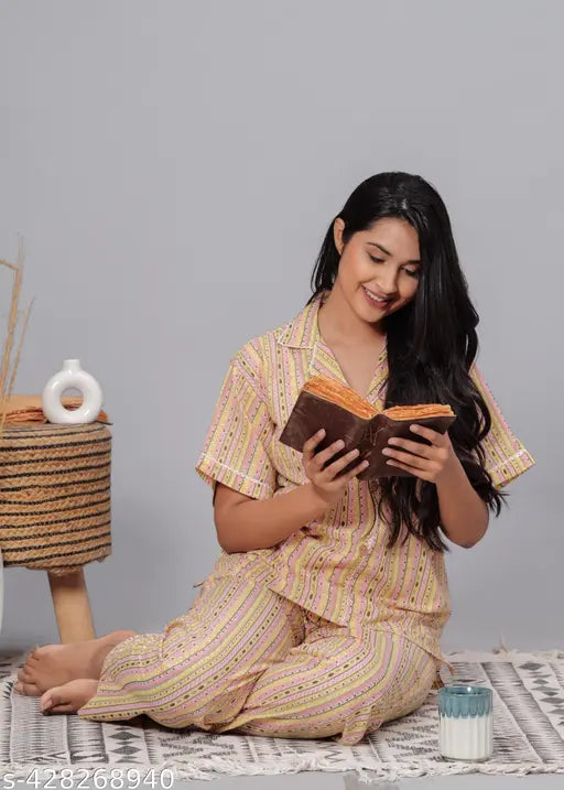 Women's beautiful cotton printed night suit set - short sleeves, printed pattern on cotton top and bottom pyjamas