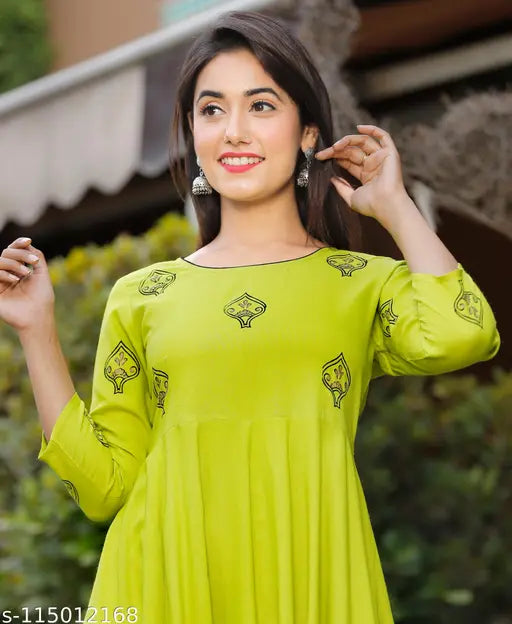 Rayon embroidered long-sleeve kurti for women, India-origin festive wear gown in printed combo, S-XXXL sizes available