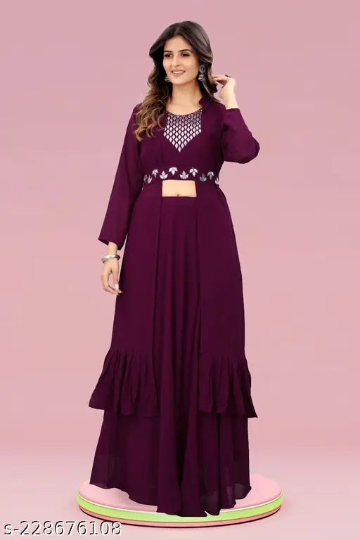 Georgette embroidered Gotapatti crop top with long sleeves and shrug, Indian women's fashion on model