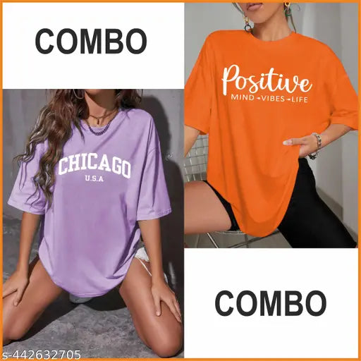 Trendy cotton blend oversized round neck t-shirt combo pack for women & girls, vibrant printed design on short sleeves