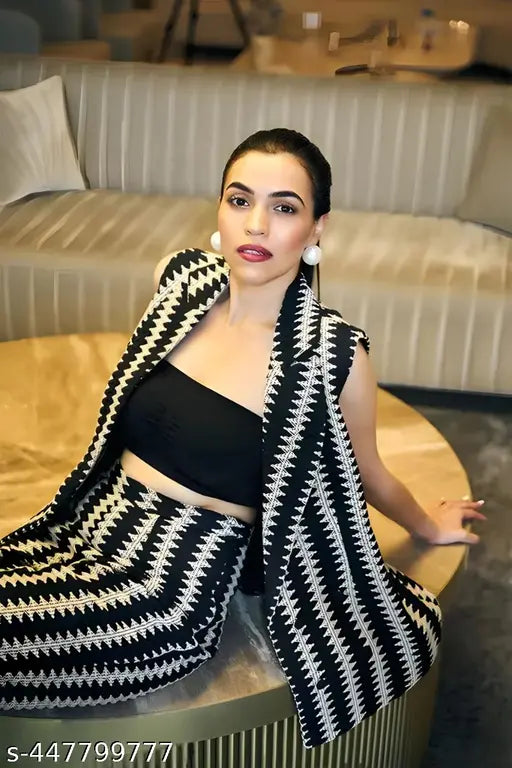 Women's comfortable zigzag design coat pant set, cotton blend casual top and bottom for women and girls. Premium woolen fabric with intricate black and white crochet lace design. Perfect for casual gatherings or semi-formal events. Versatile Western wear ensemble. Country of origin: India