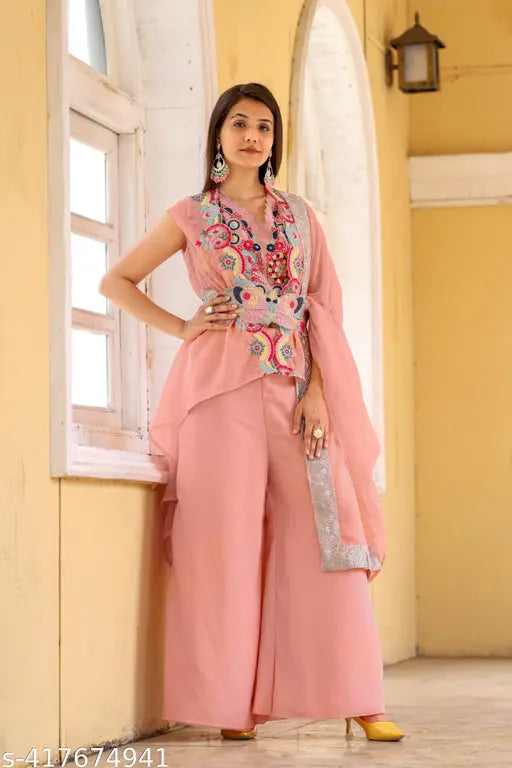 Embroidered Georgette kurti and palazzos set, fancy Indian wedding party wear for XL size