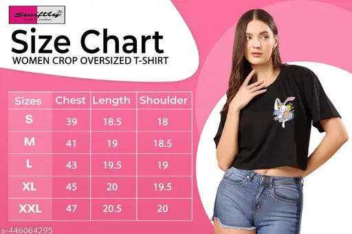 Oversized cotton rabbit print crop top for women & girls, half sleeve design