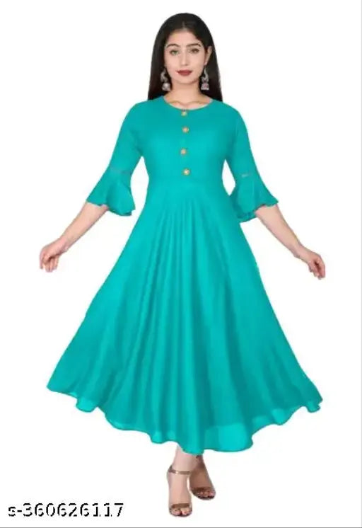 Women's Rayon Solid Round Flared Bell Sleeves Kurti, three-quarter sleeves, casual and formal wear, size chart included