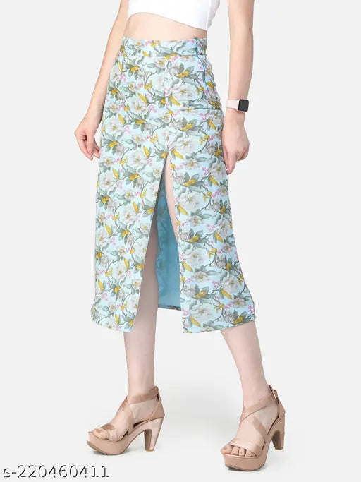 Sheero blue printed front slit skirt, Georgette fabric with net pattern, size 26 (waist 26in, length 32in, hip 36in), made in India