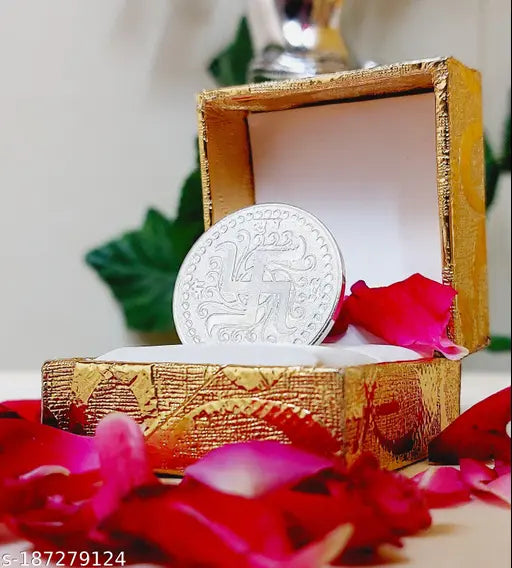 Silver-plated Radha Krishna coin (10g), beautifully packaged in a golden box - Indian God idol jewelry