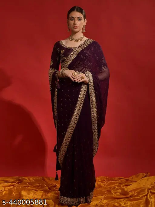 Purple sequins georgette saree, embellished blouse with zari and dori work, party wear on mannequin