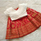 Red dupion silk kids' lehenga and croptop, self-design jacquard pattern, Indian origin