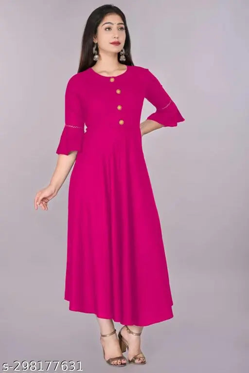 Rayon Anarkali Kurti with round neck & 3/4 bell sleeves - pink, Indian traditional wear for women & girls