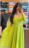 Lime green georgette Anarkali gown with dupatta, perfect for weddings or festive occasions