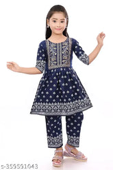 Festive Rayon Nyra A-line Plazzo set for girls, printed, knee-length top with three-quarter sleeves