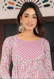 Rayon printed embroidery gown for woman fashion, vibrant Indian three-quarter sleeve dress with quarter-length print