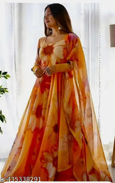 Yellow Georgette Crepe Kurti, botanical print, formal/casual wear, Indian fashion