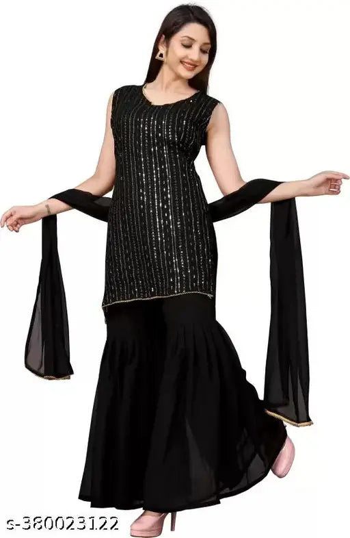 Black Georgette embroidered ethnic Sharara set with dupatta and bottomwear for women, featuring a sleeveless kurta. Classic, trendy look. Made by Maruti Enterprise. Single size available. Sizes S-XXL. Made in India