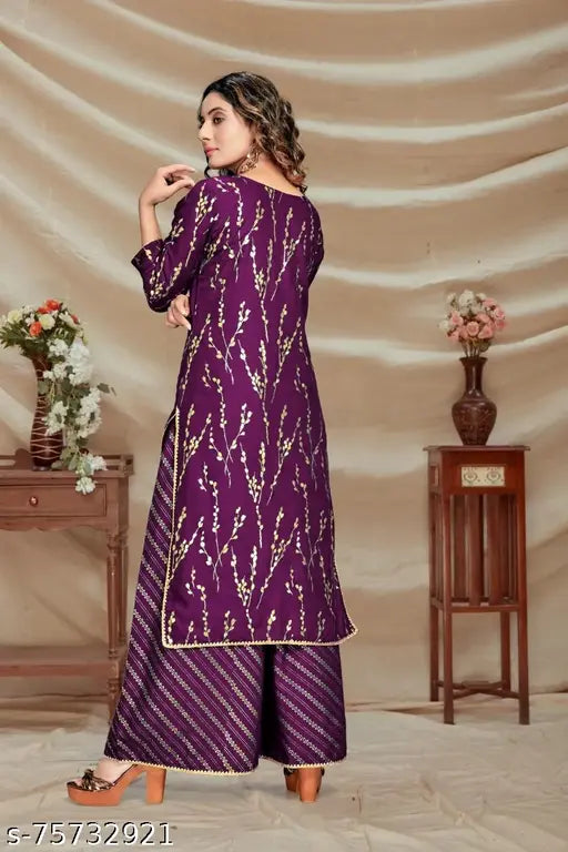 Women's rayon straight kurta with embellished palazzos, foil print, round neck, full sleeves - Indian party/wedding wear