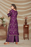 Women's rayon straight kurta with embellished palazzos, foil print, round neck, full sleeves - Indian party/wedding wear