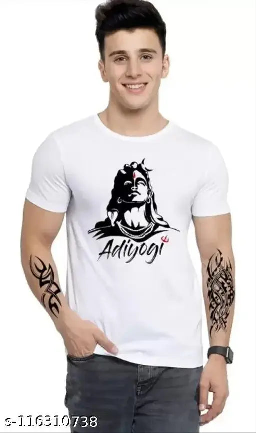 Adiyogi printed white polyester t-shirt, stylish fusion of tradition and trend for casual wear