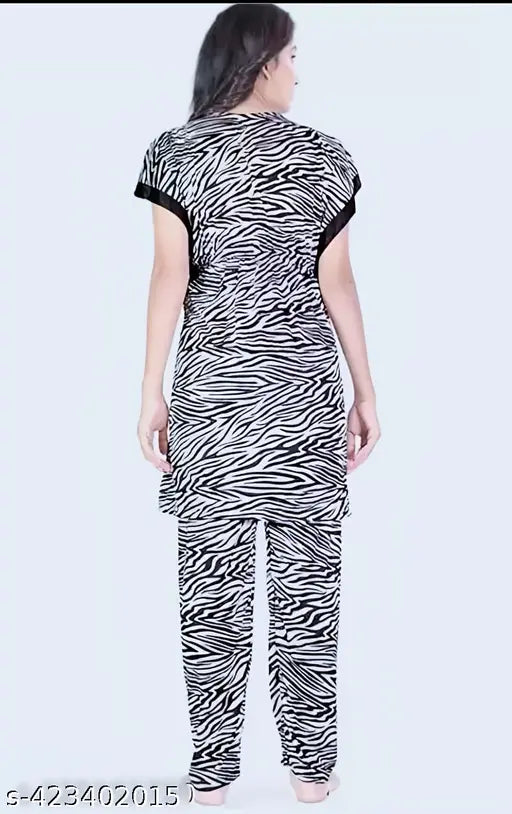 Zebra Printed Viscose Rayon/Satin Nightwear Set, soft and premium quality, comfortable fit, side-pocket kaftan sleeves for relaxing, made in India
