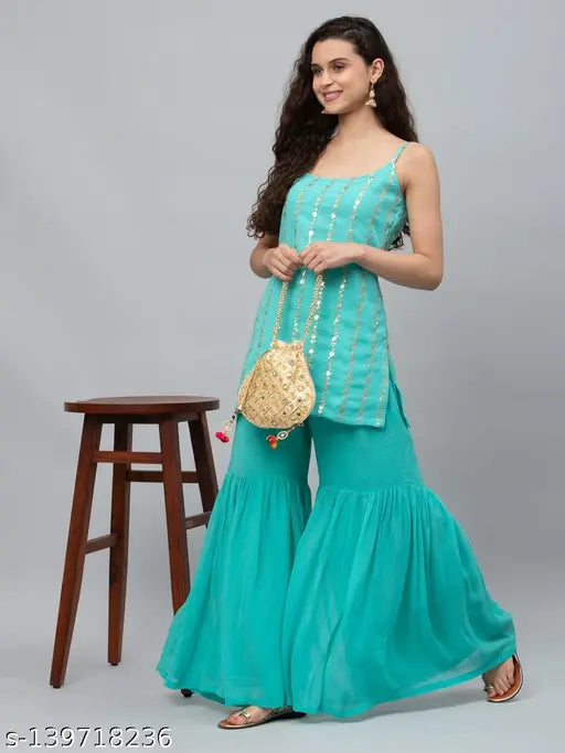 Striped georgette kurta with sharara and embroidered net, sleeveless, single size M-XXL. Indian handcrafted Georgette and net ensemble for women