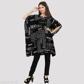 Girls Black & White Text Paper Print Kaftan, printed floral kaftan with three-quarter sleeves for casual wear, knee length, V-neck, made in India