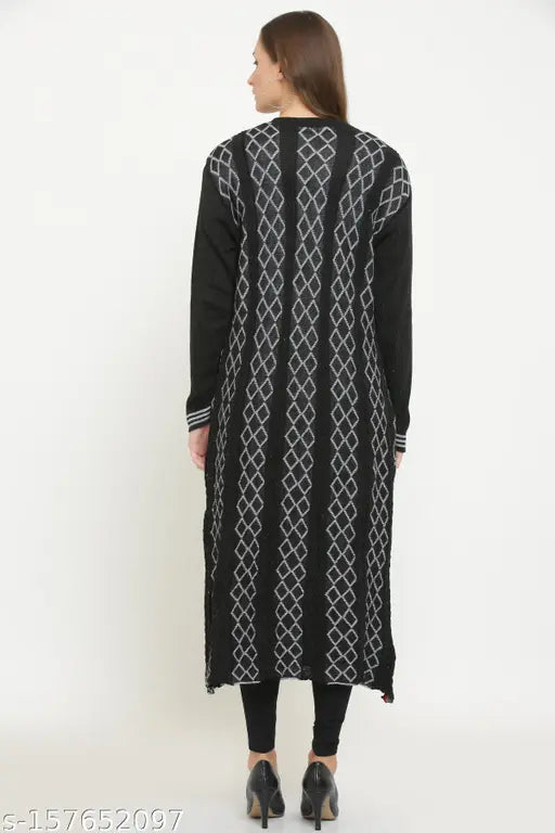 Women's flared woolen long kurti, printed combo in vibrant Indian design, long sleeve wool fabric on mannequin
