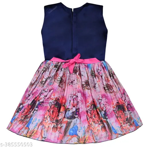 Silver Kraft satin floral print knee-length dress for baby girls (fe3249nb), vibrant navy blue and pink, pleated skirt with printed floral pattern, embellished yoke, attached dupatta and belt